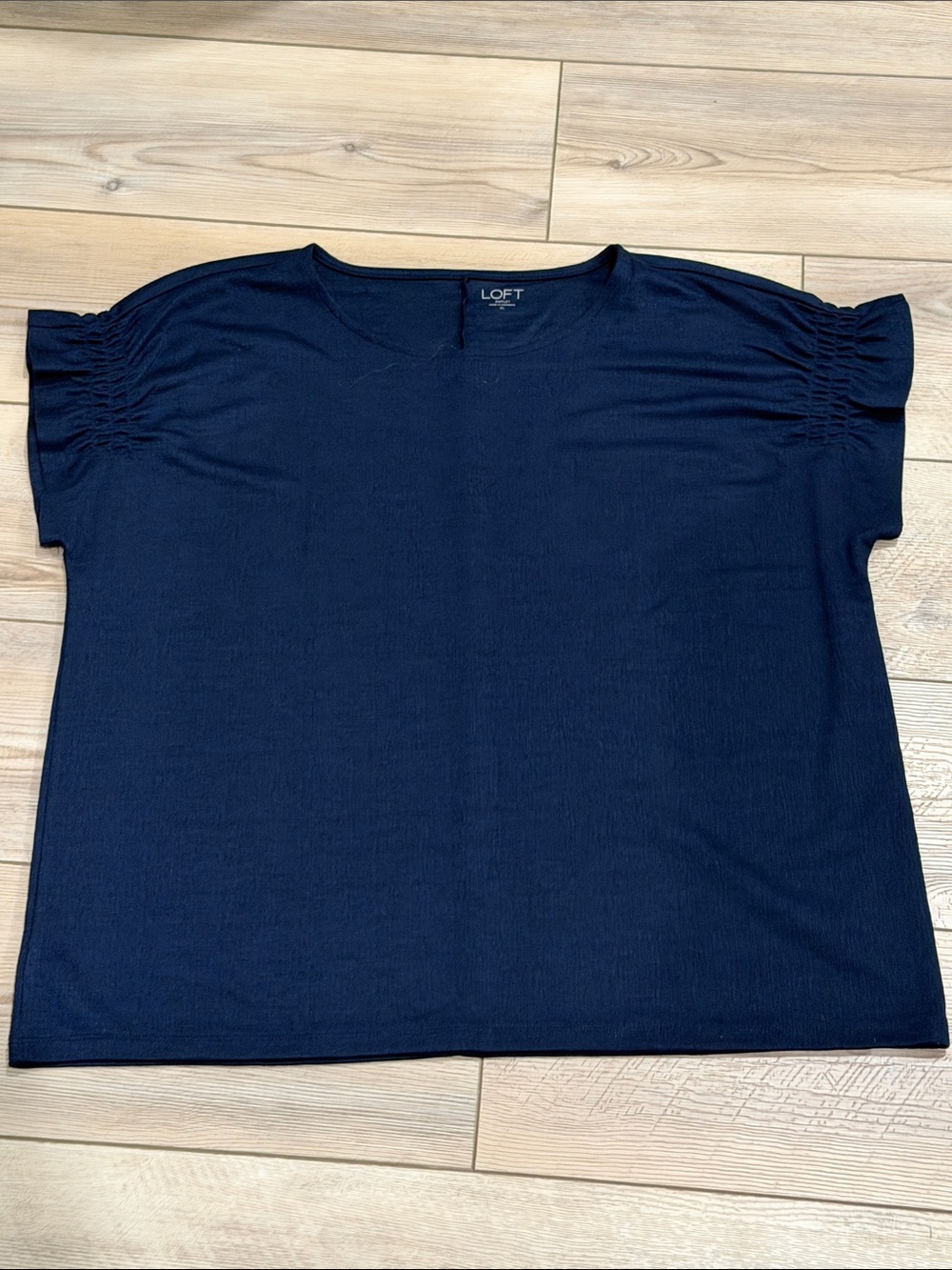 LOFT Navy Short Sleeve Top with Ruched Sleeves